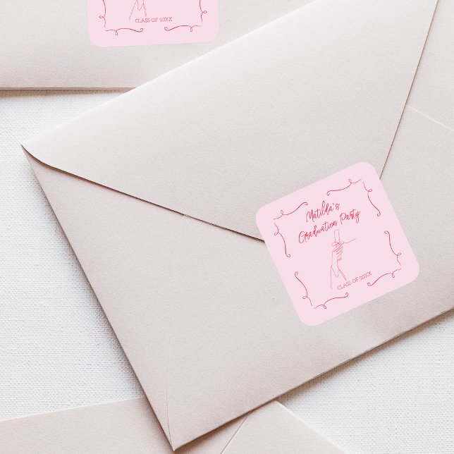 Whimsical Pink Graduation Party Diploma Square Sticker (Hand Drawn Doodle Pink & Red Graduation Party Square Sticker)