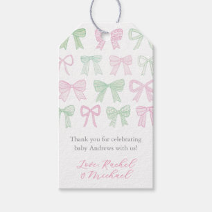 Whimsical Pink & Green Bows Baby Shower Favour Tag