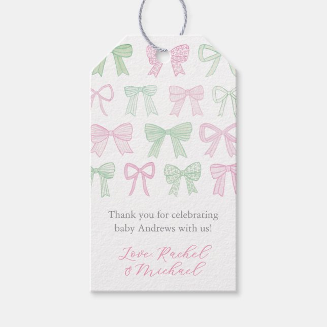Whimsical Pink & Green Bows Baby Shower Favour Tag (Front)