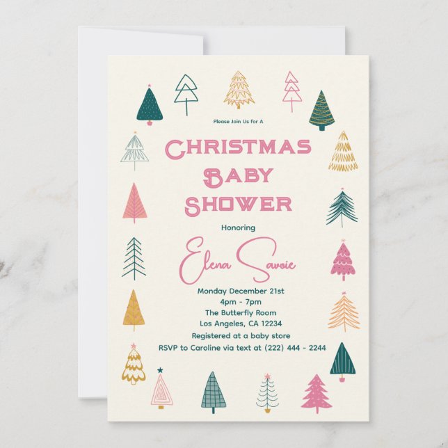 Whimsical Pink & Green Christmas Tree Baby Shower Invitation (Front)