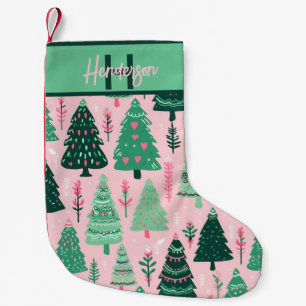 Whimsical Pink & Green Christmas Tree Pattern Name Small Christmas Stocking