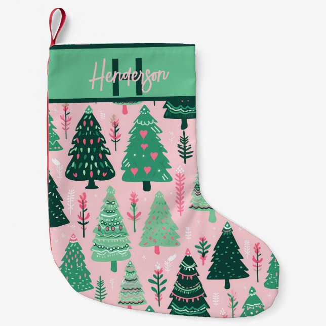 Whimsical Pink & Green Christmas Tree Pattern Name Small Christmas Stocking (Front)