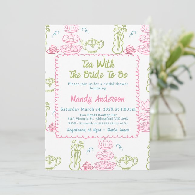 Whimsical Pink Green Hand Drawn Tea Bridal Shower Invitation (Standing Front)