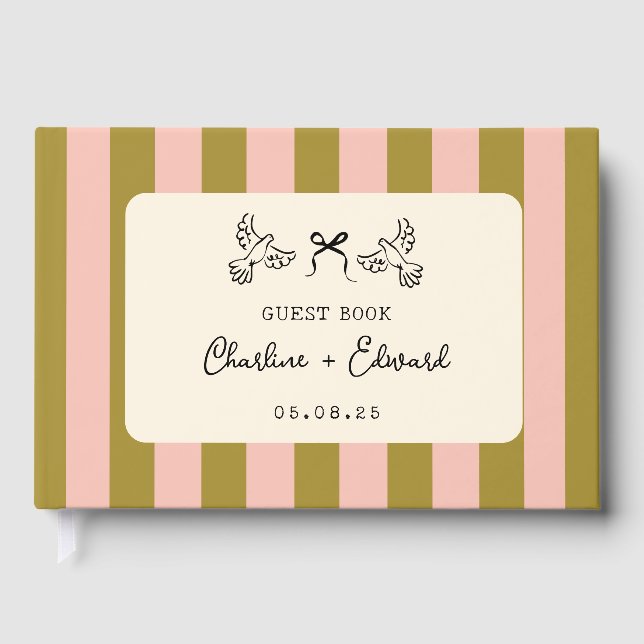 Whimsical Pink Green Striped Scribble Wedding Guest Book (Front)