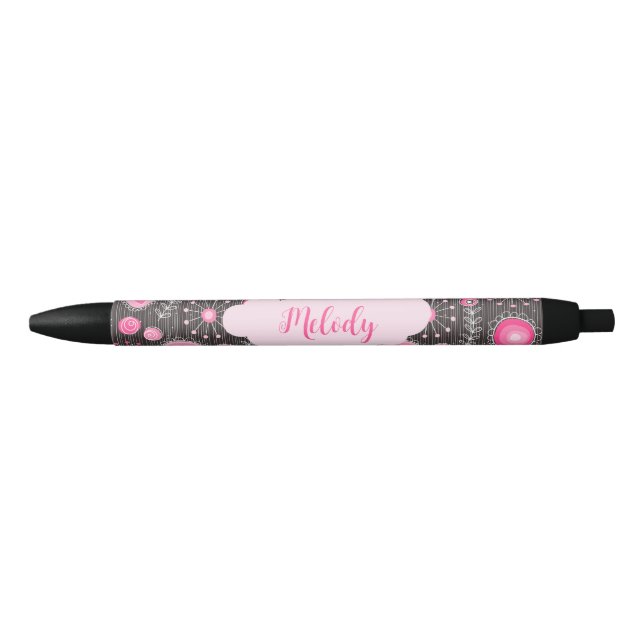 Whimsical pink grey hearts and flowers floral name black ink pen (Front)