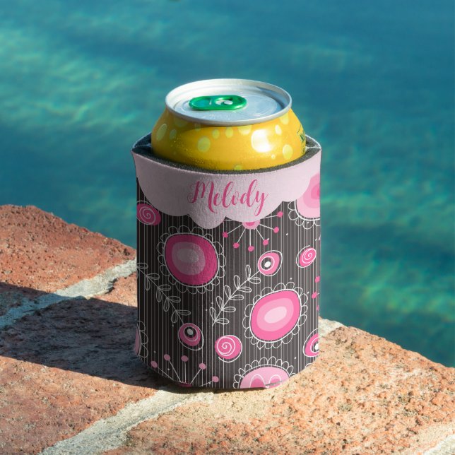 Whimsical pink grey hearts and flowers floral name can cooler (In Situ Pool)
