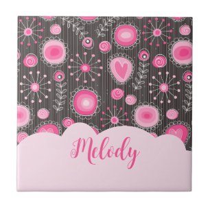 Whimsical pink grey hearts and flowers floral name ceramic tile
