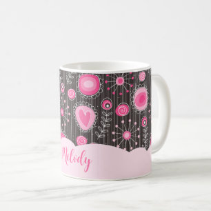 Whimsical pink grey hearts and flowers floral name coffee mug