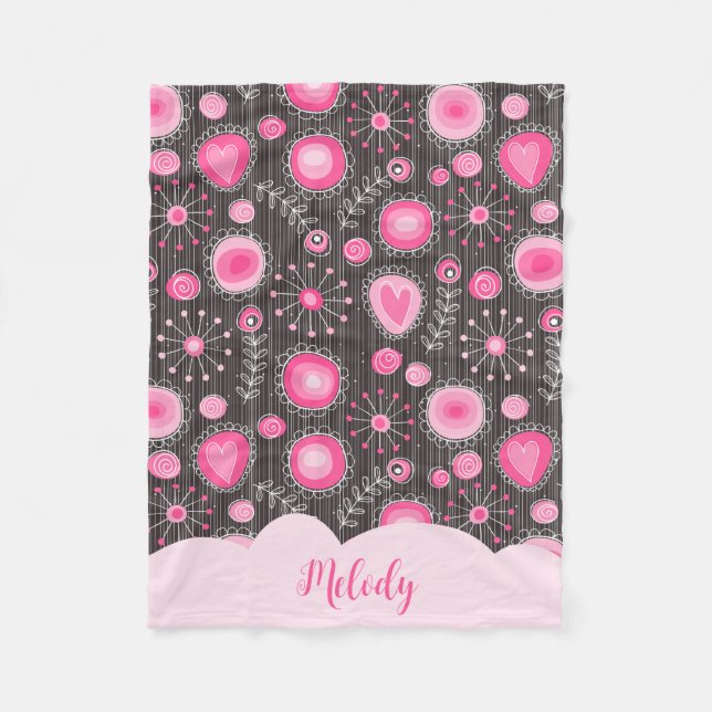 Whimsical pink grey hearts and flowers floral name fleece blanket (Front)