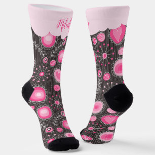 Whimsical pink grey hearts and flowers floral name socks