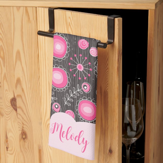 Whimsical pink grey hearts and flowers floral name tea towel (Thirds Fold)