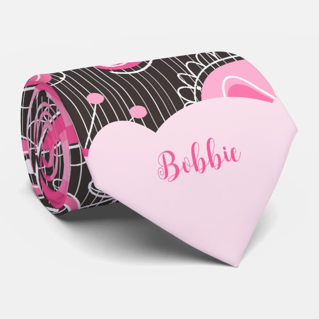 Whimsical pink grey hearts and flowers floral name tie (Rolled)