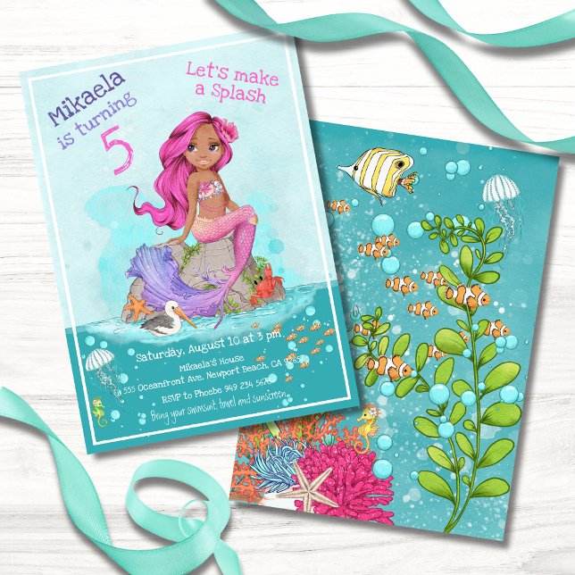 Whimsical Pink Hair Mermaid Girl Birthday Party Invitation (Creator Uploaded)