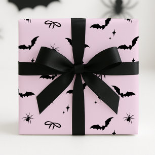 Whimsical Pink Halloween Bats, Spiders & Bows Wrapping Paper