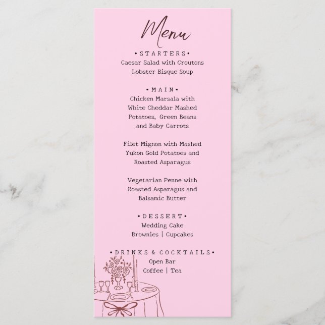 Whimsical Pink Hand Drawn Illustrated Wedding  Menu (Front)
