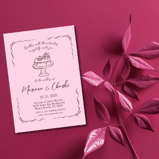 Whimsical Pink Hand Drawn Illustration Wedding Invitation