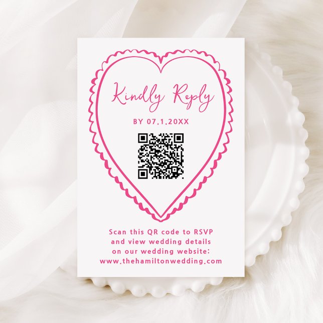 Whimsical Pink Heart QR Code Wedding RSVP Card (Creator Uploaded)