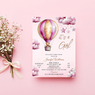 Whimsical Pink Hot Air Balloon Girl Baby Shower Invitation