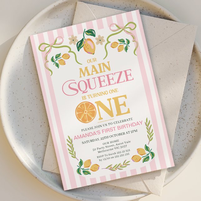 Whimsical Pink Lemon Main Squeeze 1st Birthday Invitation (Lemon Main Squeeze 1st Birthday Invitation Template, Main Squeeze 1st Birthday Invite, Whimsical)