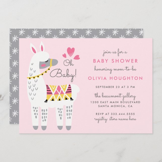 Whimsical Pink Llama Oh Baby Girl Shower Invitation (Front/Back)