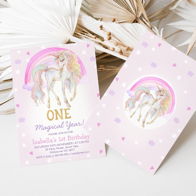 Whimsical Pink Magical Year Unicorn 1st Birthday Invitation (Girls One Magical Year Unicorn 1st Birthday Invitation Template, Unicorn 1st Birthday Invitation )