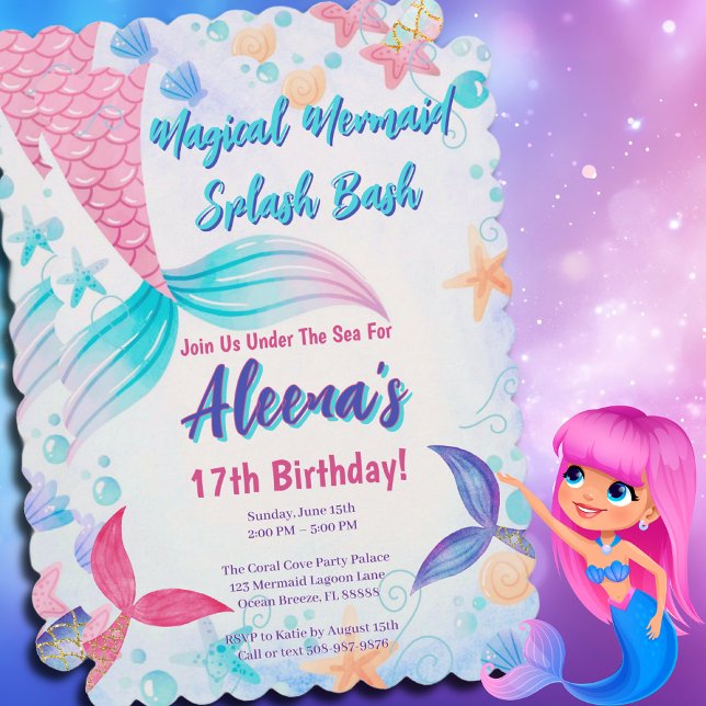 Whimsical Pink Mermaid Tail 17th Birthday  Invitation (Magical Mermaid Birthday Party Invitation)