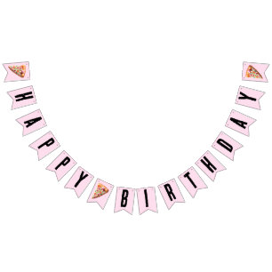 Whimsical Pink Mushroom Pizza Party Happy Birthday Bunting