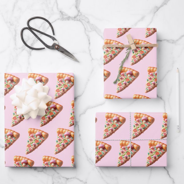 Whimsical Pink Mushroom Pizza Wrapping Paper Sheet (Front)