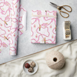 Whimsical Pink Nutcracker Candy Cane Bow Wrapping Paper