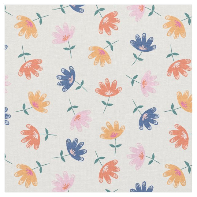 Whimsical Pink Orange Blue Flowers Pattern Fabric (Close Up)