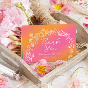 Whimsical Pink Orange Flowers Hand Drawn Thank You Card