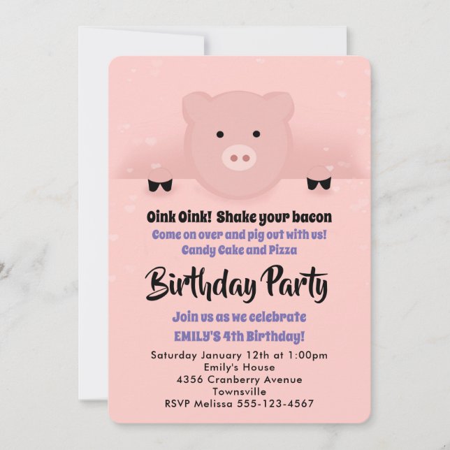 Whimsical Pink Pig Birthday Party Invitation (Front)