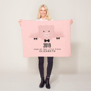 Whimsical Pink Pig Cute Chinese New Year Fleece Blanket