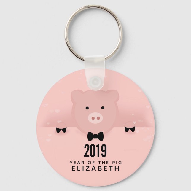 Whimsical Pink Pig Cute Chinese New Year Key Ring (Front)