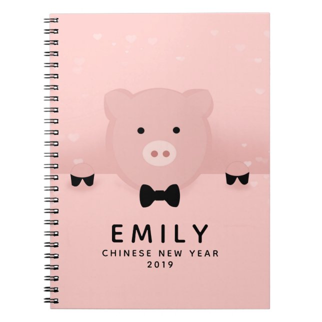 Whimsical Pink Pig Cute Chinese New Year Notebook (Front)