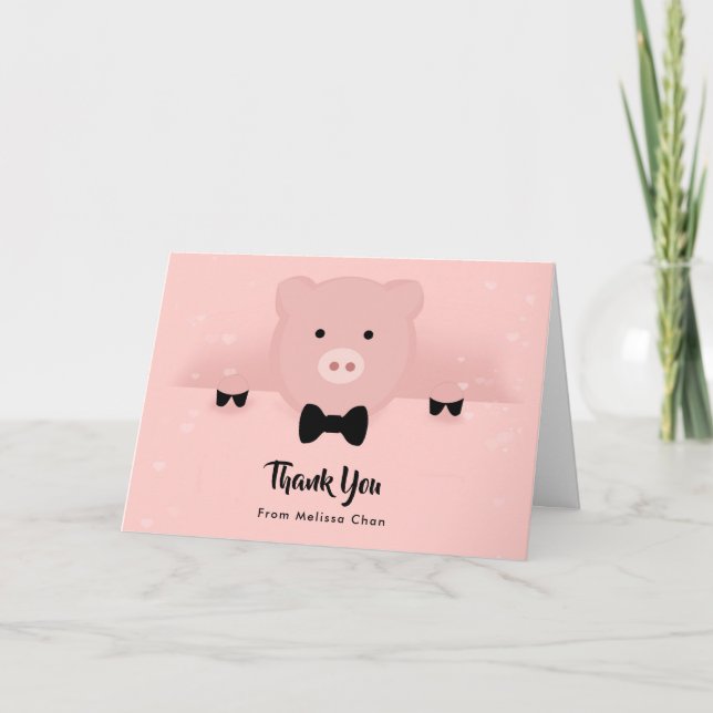 Whimsical Pink Pig in a Bow Tie Thank You Card (Front)