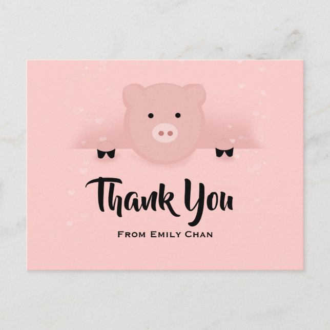 Whimsical Pink Pig Party Thank You Postcard (Front)