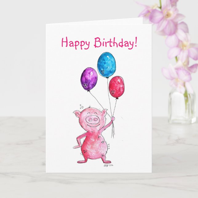 Whimsical Pink Pig with Balloons Card (Orchid)