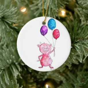 Whimsical Pink Pig with Balloons Ceramic Ornament