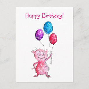 Whimsical Pink Pig with Balloons Postcard