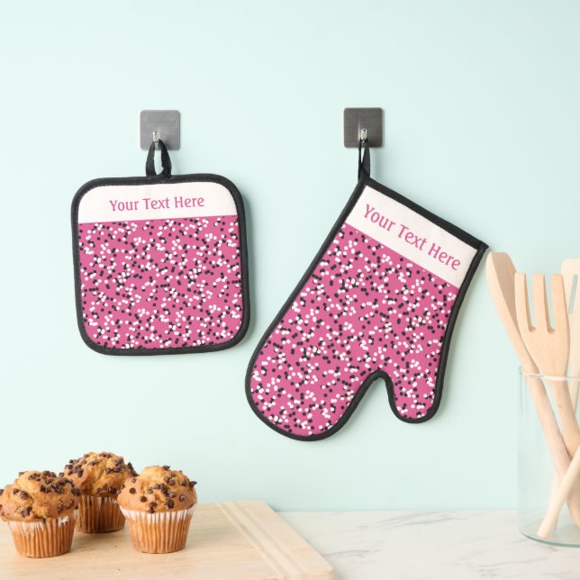 Whimsical Pink Polka Dot Doodles Pattern Oven Mitt & Pot Holder Set (Insitu(Hanging))