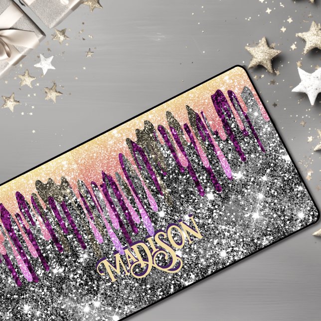 Whimsical pink purple Glitter gold drips monogram Desk Mat (Creator Uploaded)