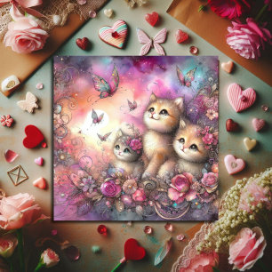 Whimsical Pink Purple Watercolor Kittens Valentine Holiday Card