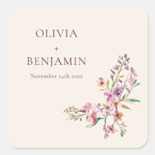 Whimsical Pink Purple Wildflower Boho Wedding Name Square Sticker