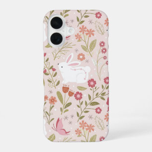 Whimsical Pink Rabbit and Floral Meadow iPhone 16 Case