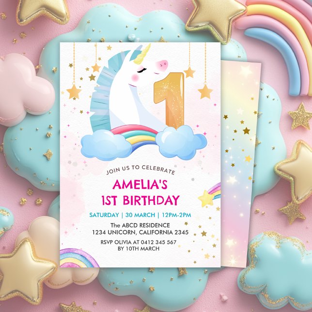 Whimsical pink Rainbow unicorn 1st Birthday party Invitation (Creator Uploaded)