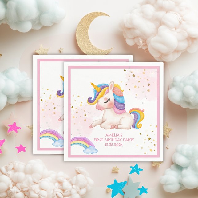 Whimsical pink Rainbow unicorn 1st Birthday party  Napkin (Creator Uploaded)