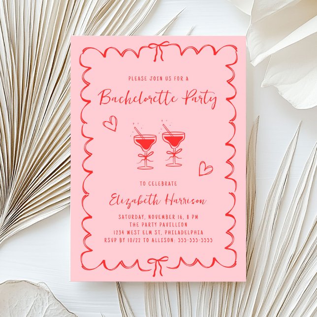 Whimsical Pink Red Wavy Frame Bachelorette Party Invitation (Cute bachelorette party invitation featuring whimsical hand drawn margaritas, hearts + coquette bows)