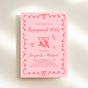 Whimsical Pink Red Wavy Frame Engagement Party Invitation