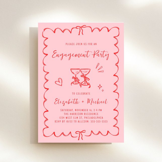 Whimsical Pink Red Wavy Frame Engagement Party Invitation (Whimsical pink + red engagement party invitation to set the tone for an unforgettable event)